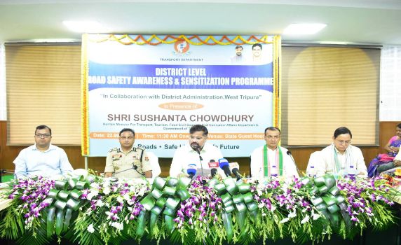 Minister Sushanta Chowdhury attends district-level road safety awareness and sensitisation prog in Agartala.